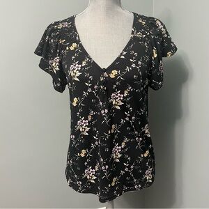 MELLODAY Anthropologie black with floral print blouse size small forest fairy